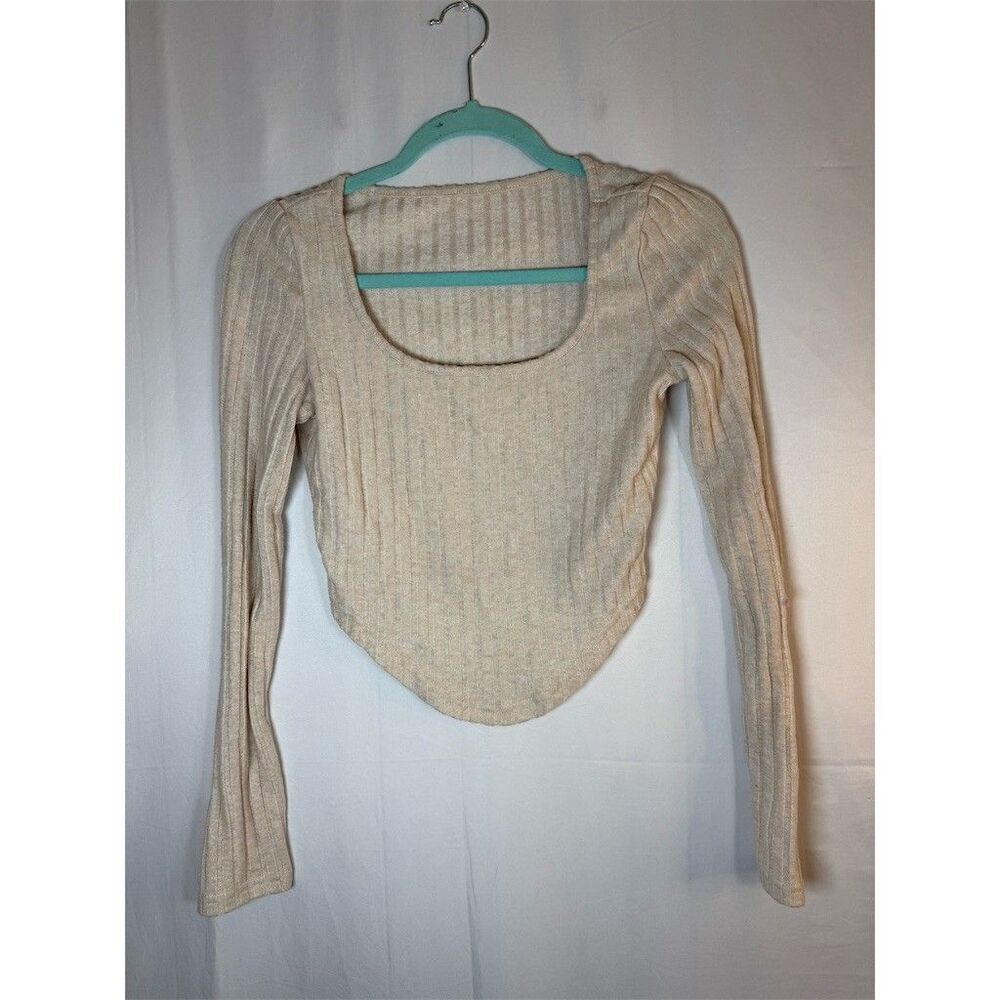 SHEIN Cropped Top Womens Size S Beige Ribbed Knit Square Neck Long Sleeve - Picture 4 of 9